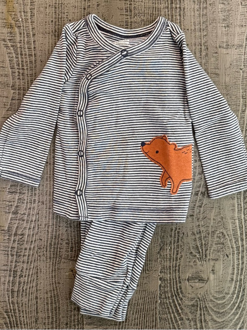 Child of Mine Gray and White Striped Two-Piece Set with Orange Bear Applique
